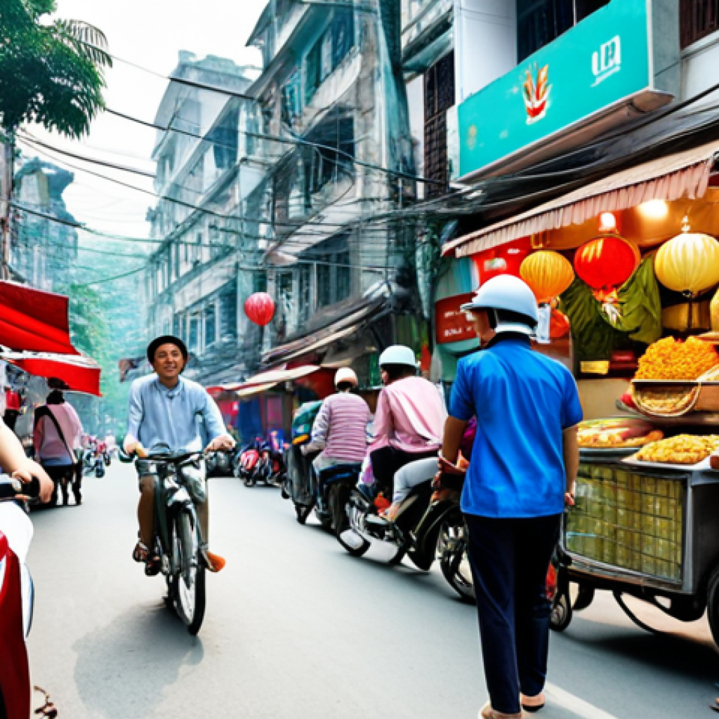 ** A bustling street scene in Hanoi or Ho Chi Minh City, showcasing the integration of technology in everyday life. Focus on people using smartphones for various activities: ordering food, using ride-hailing apps, shopping online, and connecting with friends via social media (Zalo, Facebook). Include elements that reflect Vietnamese culture like street food vendors or traditional clothing, juxtaposed with modern technology. Emphasize the fast-paced, connected nature of modern Vietnamese urban life.

**