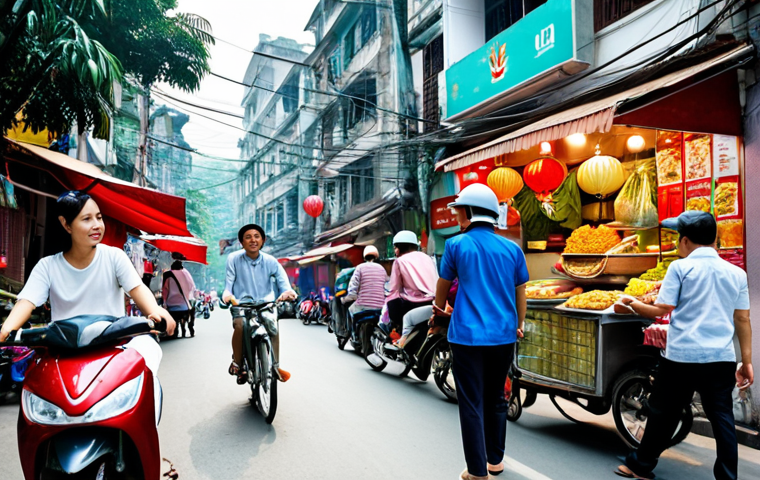 ** A bustling street scene in Hanoi or Ho Chi Minh City, showcasing the integration of technology in everyday life. Focus on people using smartphones for various activities: ordering food, using ride-hailing apps, shopping online, and connecting with friends via social media (Zalo, Facebook). Include elements that reflect Vietnamese culture like street food vendors or traditional clothing, juxtaposed with modern technology. Emphasize the fast-paced, connected nature of modern Vietnamese urban life.

**